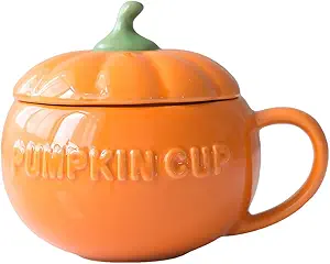PRETYZOOM 300ml Pumpkin Mug, Ceramic Pumpkin Shape Drinking Cups with Lid and Handle, Halloween Coffee Mug Milk Cup for Home Office