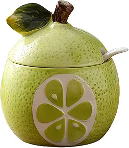 Ceramics Fruit Shaped Sugar Bowl Salt Pot Pepper Storage Jar with Lid and Spoon Seasoning Box Condiment Pots (Green Pomelo)