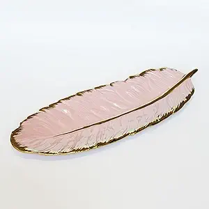 Large Ceramic Green Gold Banana Leaf Feather Shape Dinner Plate for Dessert Jewelry Cosmetic Tray (14", Gold)