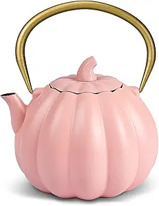 Pink Pumpkin Cast Iron Teapot (40 oz/1200 ml), Cute Pumpkin Shape, Craft Tea Kettle, Sturdy Iron and Stovetop Safe, Cast Iron Tea Infuser with Enamel Coated, Halloween Decoration (Pink)