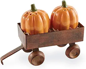 Mud Pie PUMPKIN SALT AND PEPPER, shaker 2 1/4" x 1 3/4" dia | wagon 1 1/2" x 3" x 2"