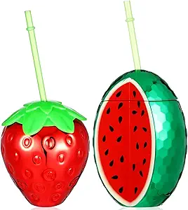 Alipis Strawberry Shaped Cup with Lids Straw, Plastic Watermelon Drink Cup Cute Water Bottle Mug Cold Drink Containers for Summer Hawaiian Party