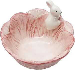 Pink Cute Ramen Bowl Ceramic, Easter Bunny Bowl, Salad Bowl with Cabbage Rabbit Shaped, Kawaii Candy Bowls for Kids, Microwave Available,Best Kitchen Household Gift