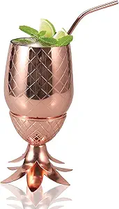 Pineapple Shaped Copper with Lid and Straw 14 Ounce Large Brass Pineapple Tumbler Craft Cocktail Glass Modern Grid Design Bar Accessories