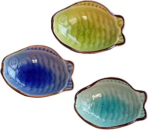 Cute Fish Shaped Ceramics Seasoning Dishes/Tea Bag Holders/Ketchup Saucer/Appetizer Plates/Vinegar Spice Salad Soy Sushi Wasabi Seasoning Dipping Bowls, Set of 3