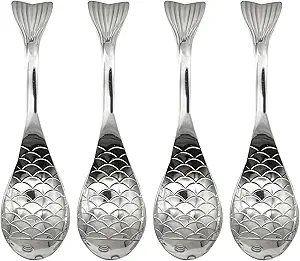 4Pcs Silver Fish Spoon 18/10(304) Stainless Steel Asian Soup Spoon Short Handle Spoon for Porridge Cereal Rice