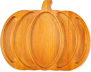 Fall Harvest Large Pumpkin Wooden Serving Platter 15x12 In Rustic Pumpkin Snack Fruit Meat Cheese Board Rustic Angle Shape Charcuterie Board Sectional Dish Plate for Thanksgiving (Walnut Color)