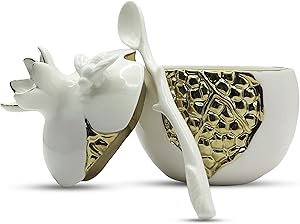 Pomegranate Sugar pot with Gold Painted Seeds and Spoon - Sugar Bowl With Lid -Rosh Hashana Honey Pot Kitchen Decor - Coffee Bar Decor - Honey Bee Decor - Ceramic Jar With Lid