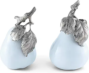 Vagabond House Porcelain Pear Salt and Pepper with Pewter Leaf 3.75 inch Tall
