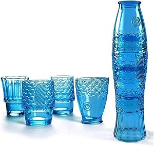Koi Fish Design Drinking Glasses, Stackable Drinking Glasses, Colored Beverage Glass, Nautical Glassware for Beverage, Fish Shaped Glasses Drinking for Home Decor, Set of 4, Blue