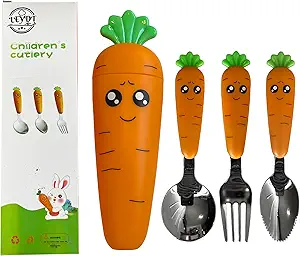 Baby Spoons with Fork | 3 Pcs Easy Grip Baby Cutlery Set with Case | Stainless Steel Toddler Utensils | Carrot Shaped Kids Silverware | Children's Safe Food Grade Material | Dishwasher Safe