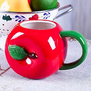 Ceramic Mug for Home & Office, Creative Porcelain 3D Fruit Cup with Handle for Coffee, Tea, Juice, Milk & Water, 17oz. Apple Shape Mug, 3.5" H