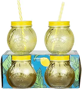 Amici Home Lemon Mason Jar | Set of 4 | Small Lemon Shaped Glass Jar with Yellow Lid and Straw | 13.5 Ounce Capacity | Drinkware for Lemonade and Summer Beverages