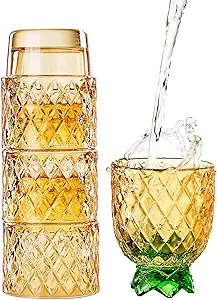 Diamond Star Stacking Glasses Fruit Set of 4 10 oz Cups Pear Pineapple Colorful Stackable Drinking Glass Sets Yellow with Green Leaf Glassware for Drinking Water, Bear