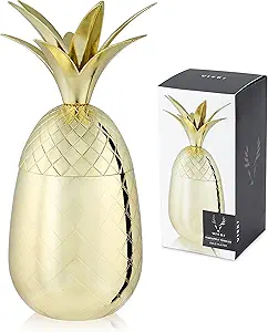iski Gold Pineapple Tumbler with Lid for Mai Tais, Tiki Drinks, and Craft Cocktails, Tumbler Cup, Stainless Steel with Gold Plating, 16 Oz Set of 1