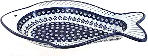 Blue Rose Polish Pottery Mosaic Flower Fish Serving Dish